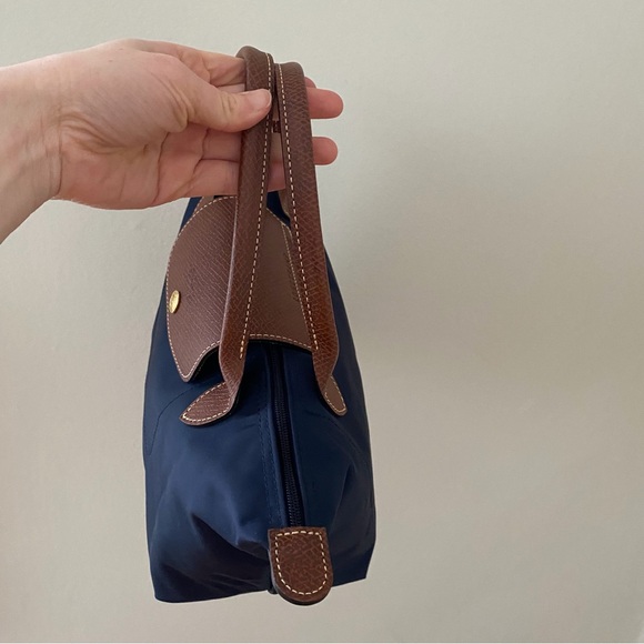 $150 Longchamp Le Pliage Navy Blue Nylon Brown Leather Tote Satchel Bag - Picture 10 of 16